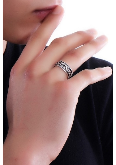 Erkek Antik Gümüş Kaplama Ejderha Baskılı  Yüzük Çok Renkli