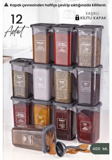 KitchenLife Etiketli Kilitlenebilir Kapaklı Kendinden Kaşıklı Baharatlık Seti 12'li Siyah - Şeffaf