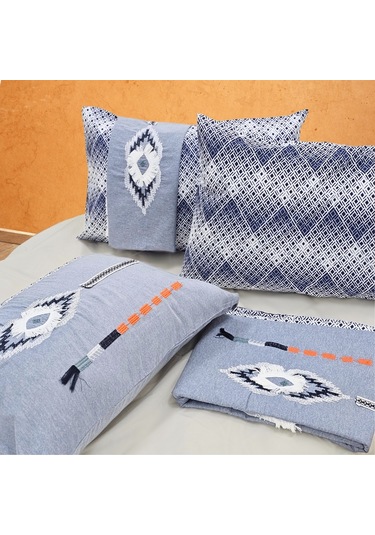 Yatak Örtüsü Seti & Nakışlı Nevresim Takımı Mavi 9 Parça Mavi