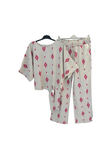 1051 Kısa Kol Önü Bağlamalı Keten Takım Pembe