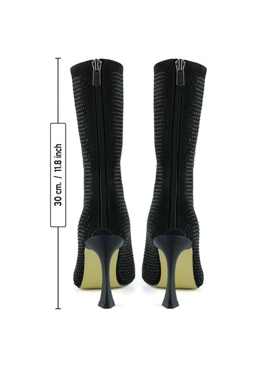 Erkan Saçmacı Nell Siyah Süet Taşlı Sivri Burun Fermuarlı İnce Topuklu Abiye Yarım Çizme Siyah