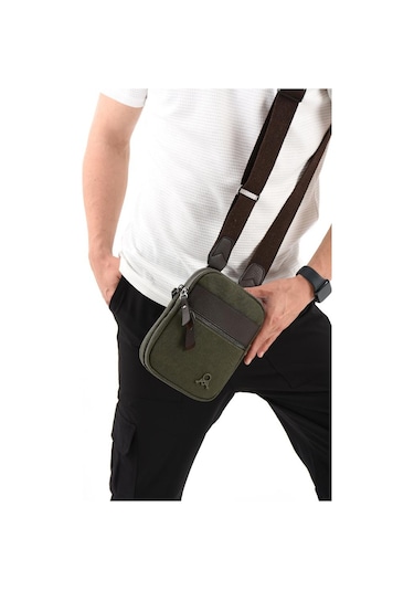 Kanvas Kumaş Telefon Çantası Erkek Postacı Çanta 20 12 Cm Çapraz Askılı Omuz Çantası Mega Çanta Haki