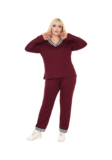 Melsay Butik Bordo V Yaka Yakası Şerit Detaylı Eşofman Takımı Bordo