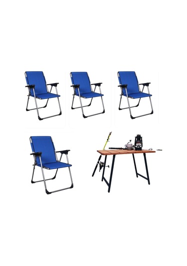 Alin Metal Lüks 4lü Katlanır Sandalye Ve Masa Seti Mavi Mavi