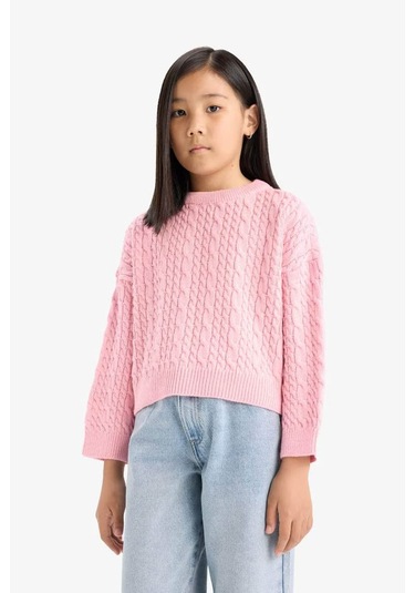 Defacto Standart Fit Bisiklet Yaka Triko Pembe Kız Çocuk Kazak E7880a8/pn238 Pembe
