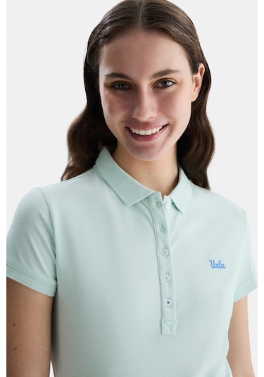 Ucla Shaver Mavi Polo Yaka Nakışlı Standard Fit Kadın Tshirt Mavi