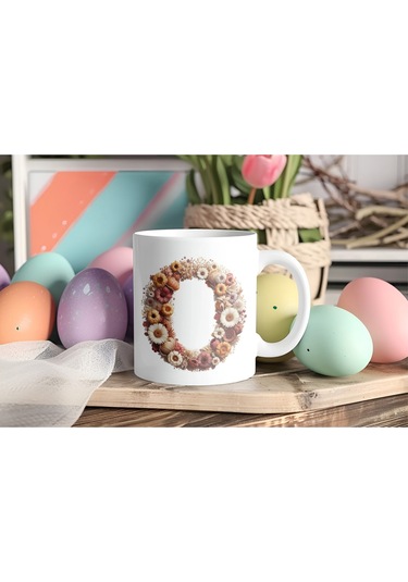 O Harfi Çiçek Desenli Kupa Bardak - Alfabe Harfleri İle Doğal Çiçekli Kupa - Hediye Fikir Beyaz