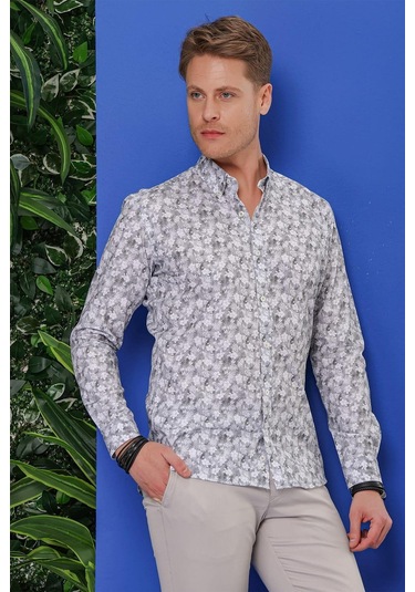 G 1542 Slim Fit Gri Klasik Gömlek Gri