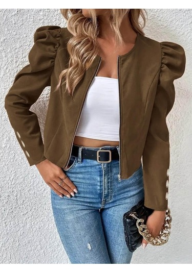 Kadın Uzun Kollu Önden Fermuarlı Balon Kol Süet Ceket Siyah