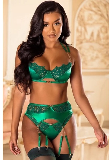 New Dreams Modern Şık Dikkat Çekici Yeşil Jartiyer Gecelik Kombin Set Lacivert