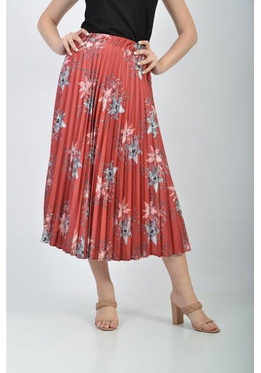 Soralline Bayan Plisoley Etek 781 Kırmızı Saten Empirme Kırmızı