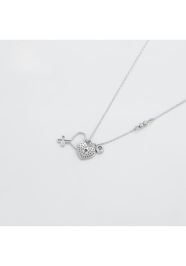 Zirkon Taşlı Kalp Detaylı Platin Kaplama Kadın Kolye Silver