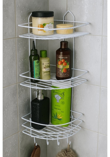 Paslanmaz Beyaz Yapışkanlı Banyo Köşeliği Düzenleyici, Şampuanlık, Duş Rafı 3 Katlı - 4 Kancalı - Ek-03 Beyaz