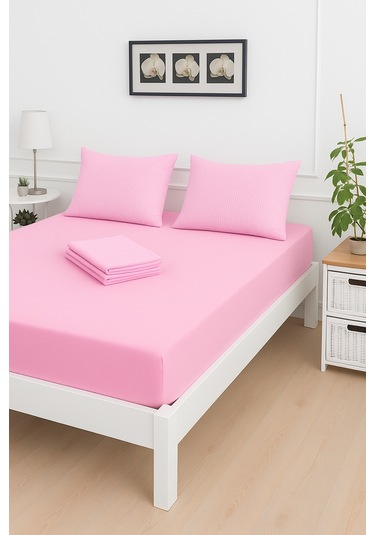 Mirava Premium %100 Pamuk Penye Lastikli Tek Kişilik Çarşaf Takımı 1 Yastık Kılıfı Dahil Pembe 120x200cm Pembe