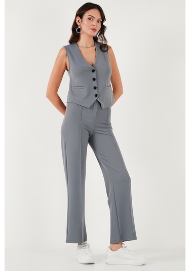 Lela Streç Fitted Fit V Yaka Düğmeli Bayan Yelek 5865971 Füme