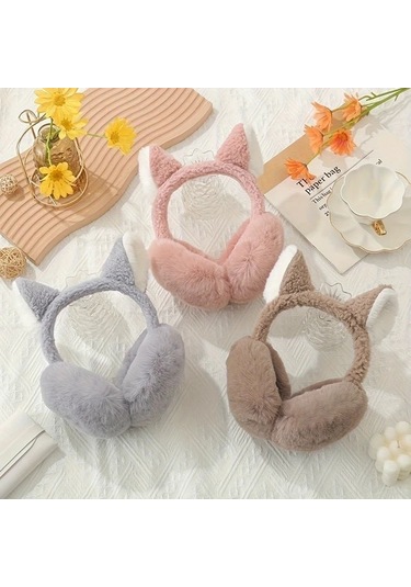 Elmpaly Kedi Kulaklı Kadınlar İçin Pembe Katlanır Tüylü Kulaklıklar