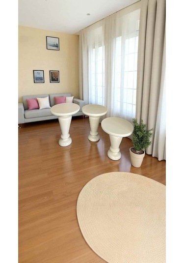 Dekoratif Ahşap Mantar Yan Sehpa Takımı 3 Lü Krem Renk Set