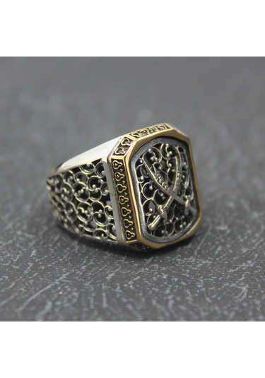 925 Ayar Zülfikar Tasarım Telkari Kasa Gümüş Erkek Yüzüğü Gümüş