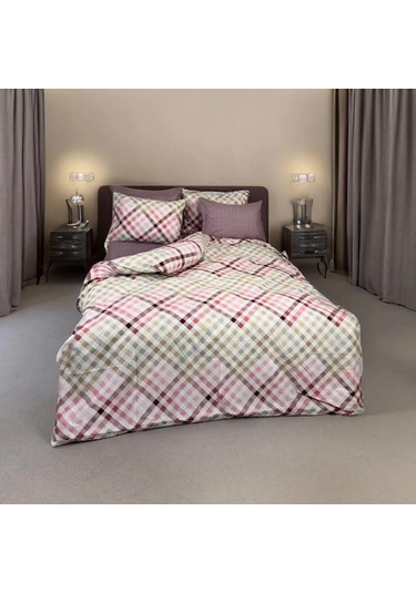 Kırmızı, Kahverengi Ve Pembe Tonlarında Ekose Desenli Nevresim Takımı Çift Kişilik, %100 Pamuk, Yu Kırmızı