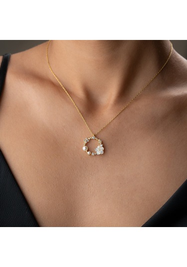 925 Ayar Gümüş Sedef Taşlı İncili Kolye Gold