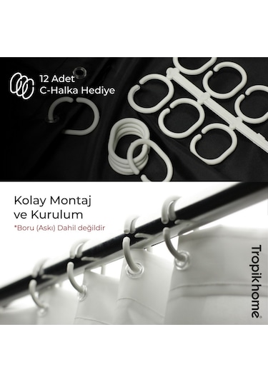 Siyah Çizgili Banyo Perdesi, 180x200cm Tek Kanat Duş Perdesi Beyaz - Siyah