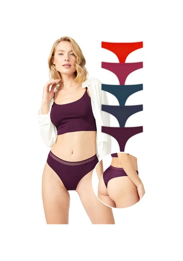 Basic Lazer Kesim File Lastikli Brezilya Külot 5'li Paket - 2 Renkli-9 Çok Renkli