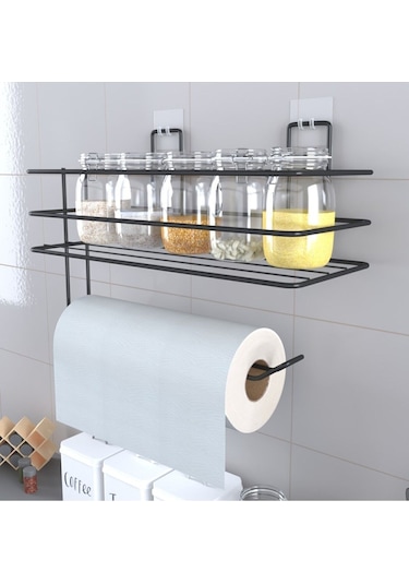 Eva Metal Tasarim Yapışkanlı Raflı Kağıt Rulo Havluluk Peçetelik Havlu Kağıltlık Siyah Banyo Mutfak Düzenleyici Raf