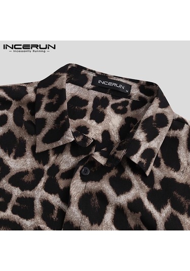 Incerun Casual Leopar Baskılı Erkek Gömlek Yaka Yaz Kısa Kollu Hawaii Gömlek Moda Baskı Üstleri Haki