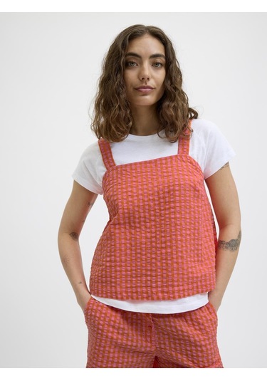 Jack & Jones Kadın Kalin Askili Ekose Desenli Bluz - Petra - 12277417 Persimmon Orange