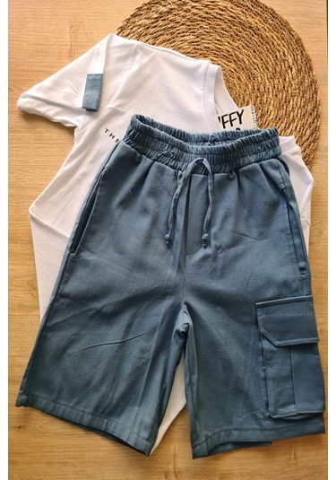 2'li Erkek Çocuk Beyaz Tişört Mavi Şortlu Takım-1364 Beyaz