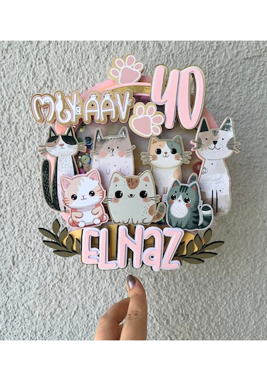Kedi Temalı İsme Özel Kız Çocuk Doğum Günü Pasta Süsü