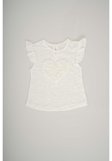 Kız Bebek Kalp Desenli Kol Modelli Pamuk Tişört Ekru