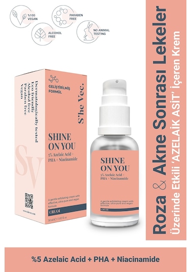 She Vec Shine On You Azelaik Asit Hassas Ciltler İçin Akne ve Leke Karşıtı Bariyer Koruyucu Krem 30 ML