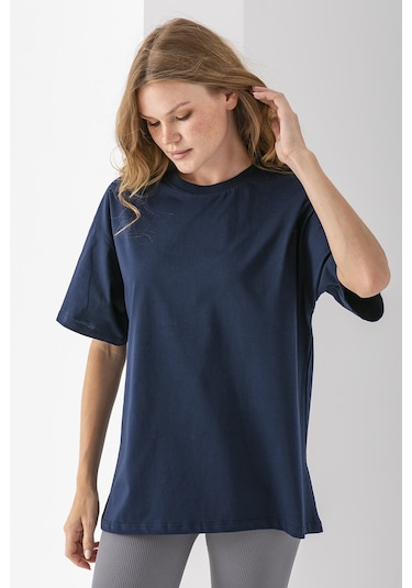 Giysa Kadın Bisiklet Yaka Düz Basic Pamuklu T-shirt Lacivert - 25501 Lacivert