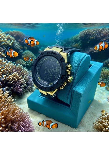 Primepickings Siyah Altın Erkek Spor Dijital Alarmlı Su Geçirmez Lüminesant Kadranlı Genç Saati Diğer