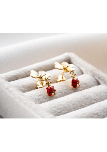 925 Ayar Uğur Böcekli Yonca Küpe.rose.gold.rodaj Gümüş 06981360