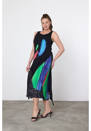 Schık Schık Kadın Yazlık Bol Kolsuz Rahat Baskılı Elbise Turkuaz