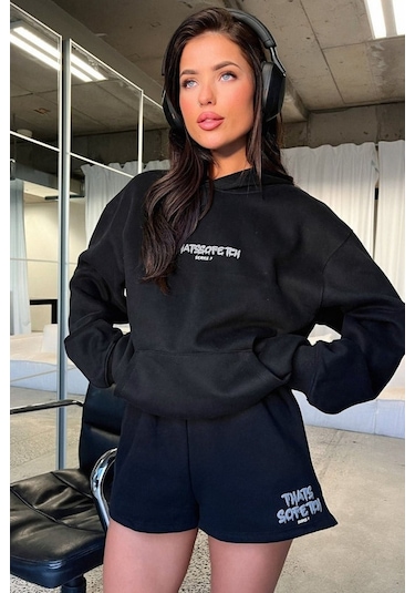 Thatsofetch Series 7 Sweatshirt - Siyah Baskılı Oversize Kapüşonlu Siyah