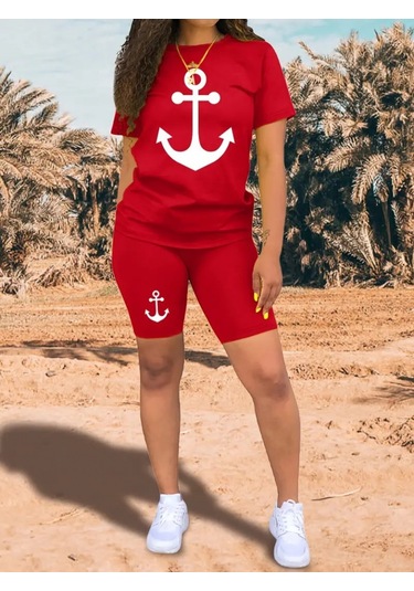 Gülsüm Aydın Kadın Kısa Kollu Çapa Baskılı Viskon Ikili Takım Kırmızı