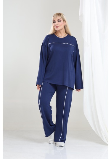Biyeli Büyük Beden Oysho Tarzı Modal Kumaş Uzun Kollu Biyeli Rahat Günlük Takım Lacivert