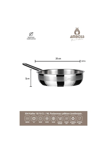 Lusigram 3 Parça Paslanmaz Çelik İndüksiyon Tabanlı Kapaksız Tava Seti