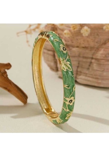 Fastbuy Altın Kaplama Çiçek Desenli Emaye Bileklik - Kadın Ve Kızlar İçin Şık Takı Hediyesi, Greenstandart Green Renkli Çok Renkli