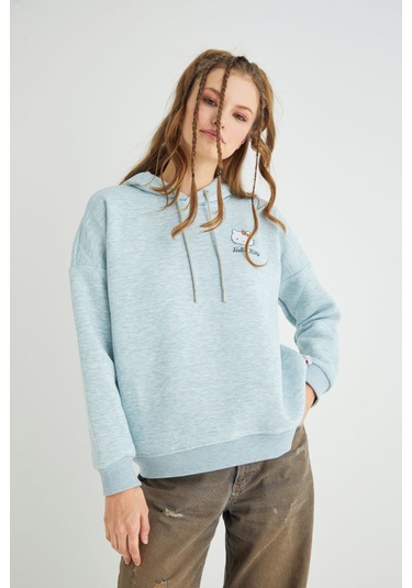 Hello Kitty Lisanslı Baskılı Kapüşonlu Fit Yeşil Sweatshirt Renkli