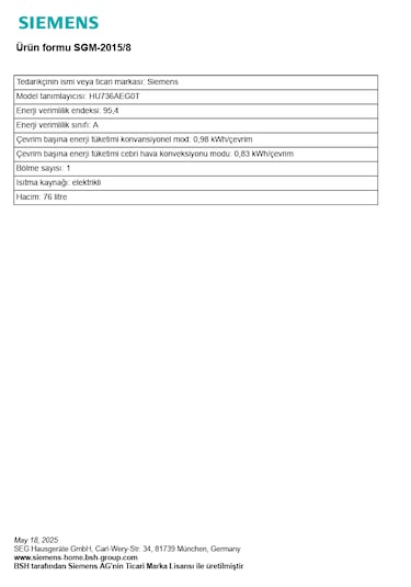Siemens iQ300 HU736AEG0T 76 LT Buhar Destekli Ankastre Fırın