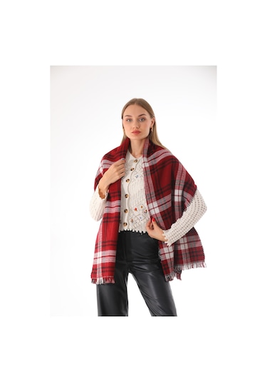 Çift Taraflı Yumuşak Dokulu Bordo Siyah Şal Atkı Bordo - Siyah