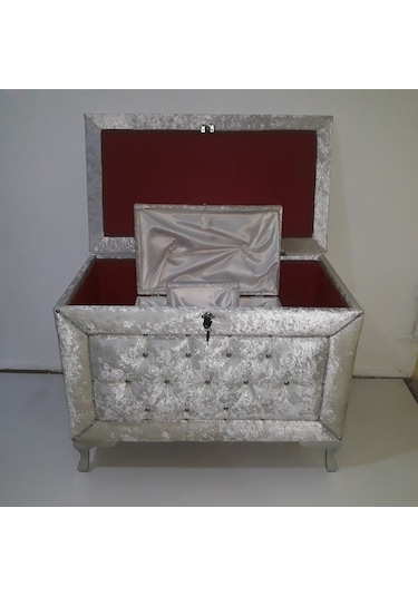 Çeyiz Sandık Kapitone Model 3Lü Set Krem Kadife Kumaş İçi Kırmızı