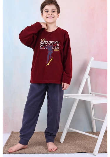 Yeni Sezon Sonbahar/kış Erkek Çocuk Skate Desenli Polar Pijama Takımı 4515 Bordo