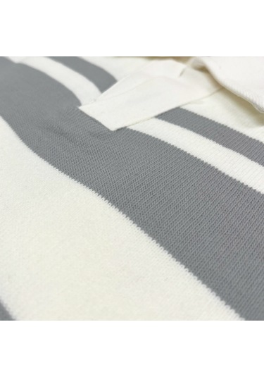 Fazra Erkek Polo Yaka Çizgili Triko Kazak 2025 Açık Gri