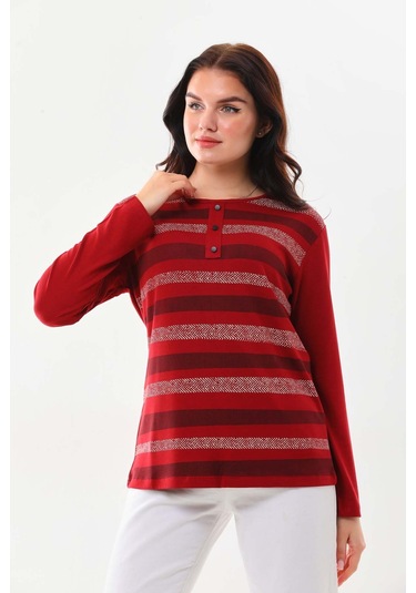 Sistas Kadın Desenli Bisiklet Yaka Uzun Kol Bluz 23596 Bordo