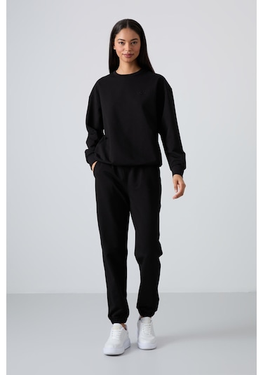 Tommy Life Siyah Basic Pamuklu O Yaka Oversize Lastik Paça Kadın Eşofman Takım - 95287 Siyah